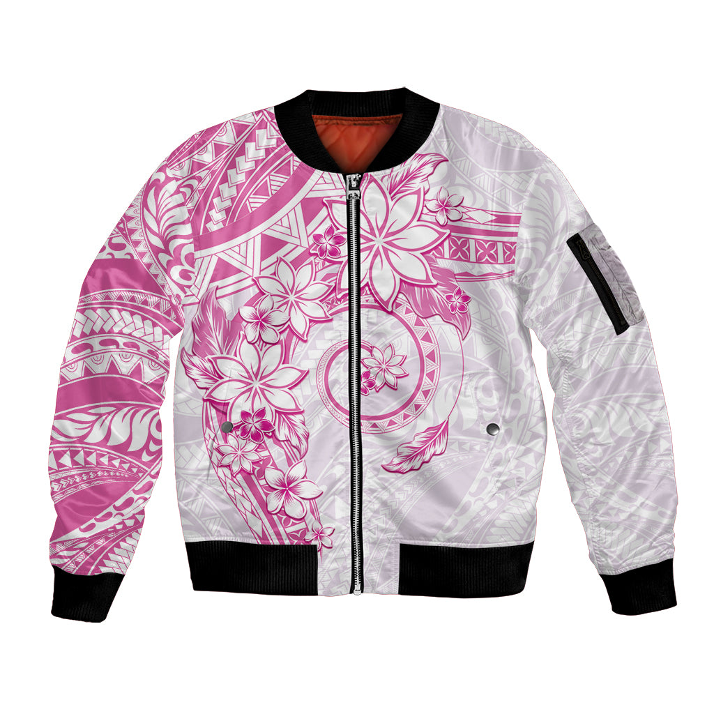 Polynesian Pattern With Plumeria Flowers Sleeve Zip Bomber Jacket Pink LT05 Unisex Pink - Polynesian Pride