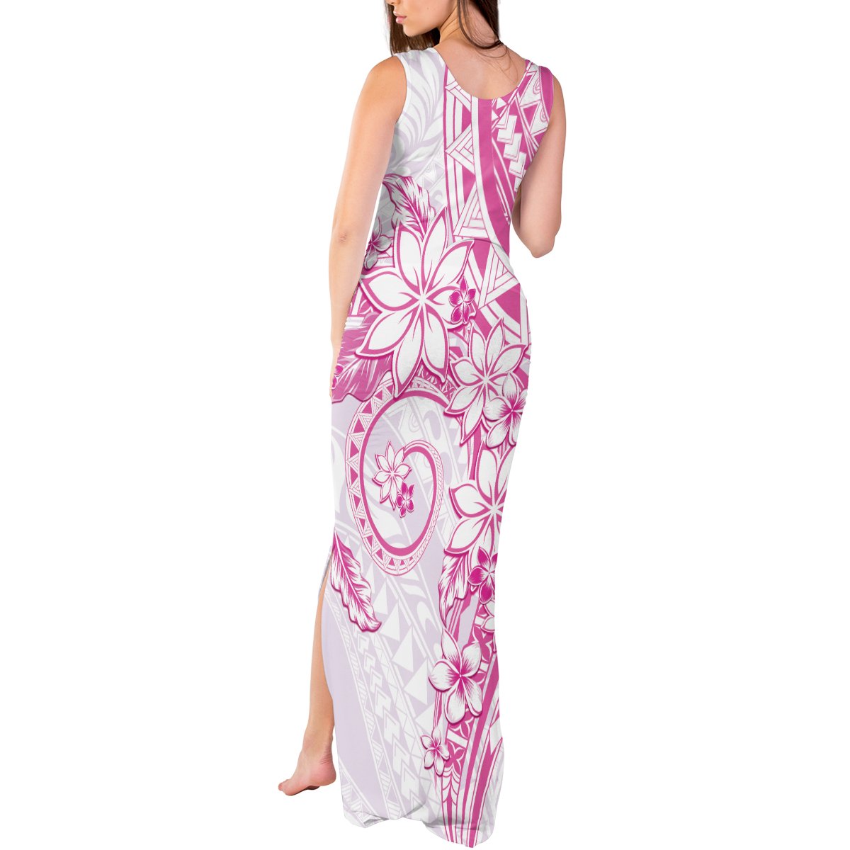Polynesian Pattern With Plumeria Flowers Tank Maxi Dress Pink
