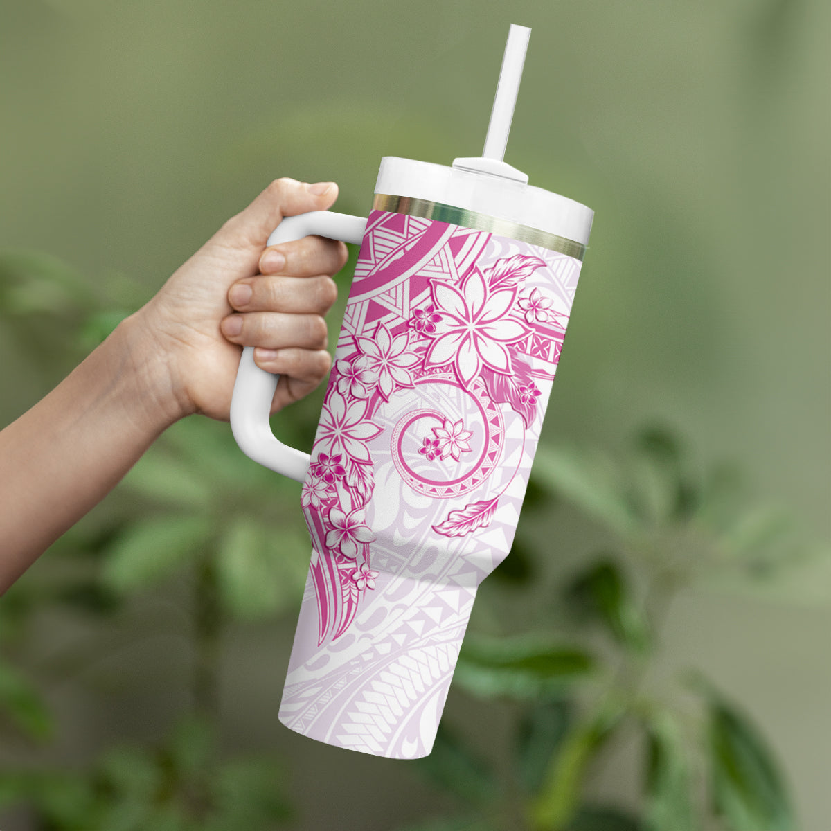 Pink Polynesian Pattern With Plumeria Flowers Tumbler With Handle LT05 - Polynesian Pride