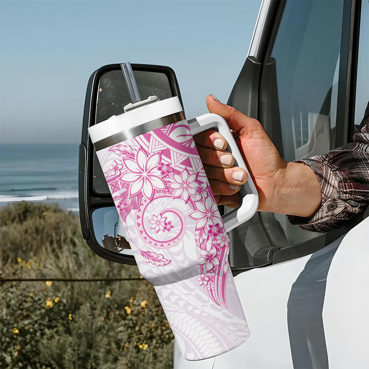 Pink Polynesian Pattern With Plumeria Flowers Tumbler With Handle LT05 - Polynesian Pride