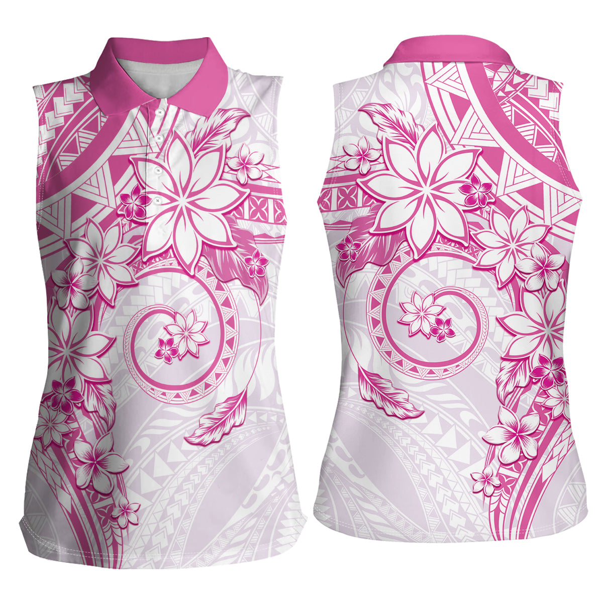 Polynesian Pattern With Plumeria Flowers Women Sleeveless Polo Shirt Pink