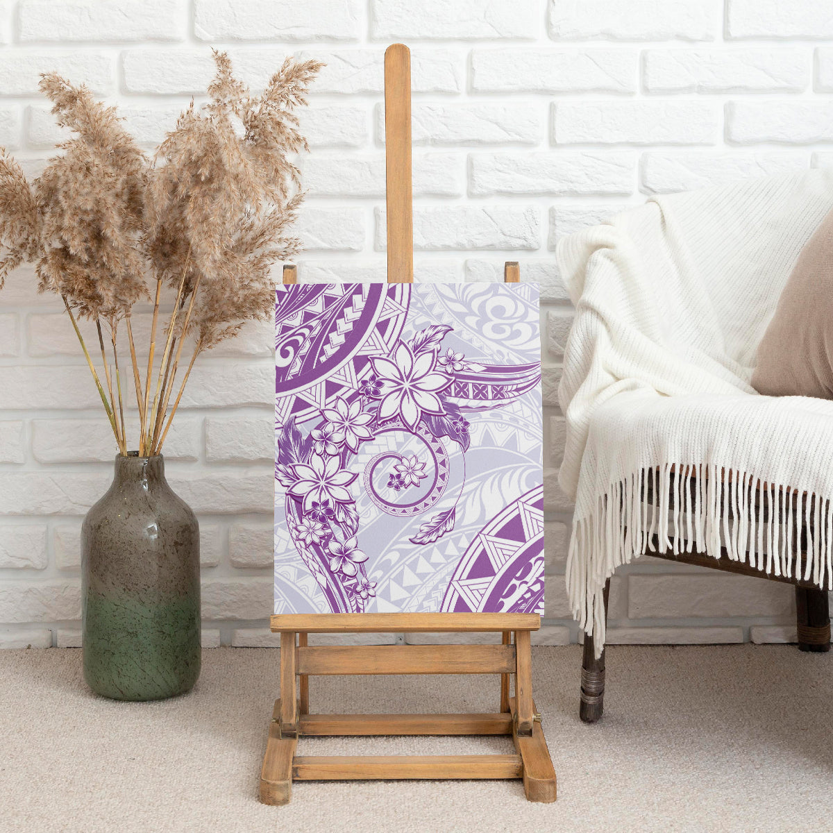 Polynesian Pattern With Plumeria Flowers Canvas Wall Art Purple