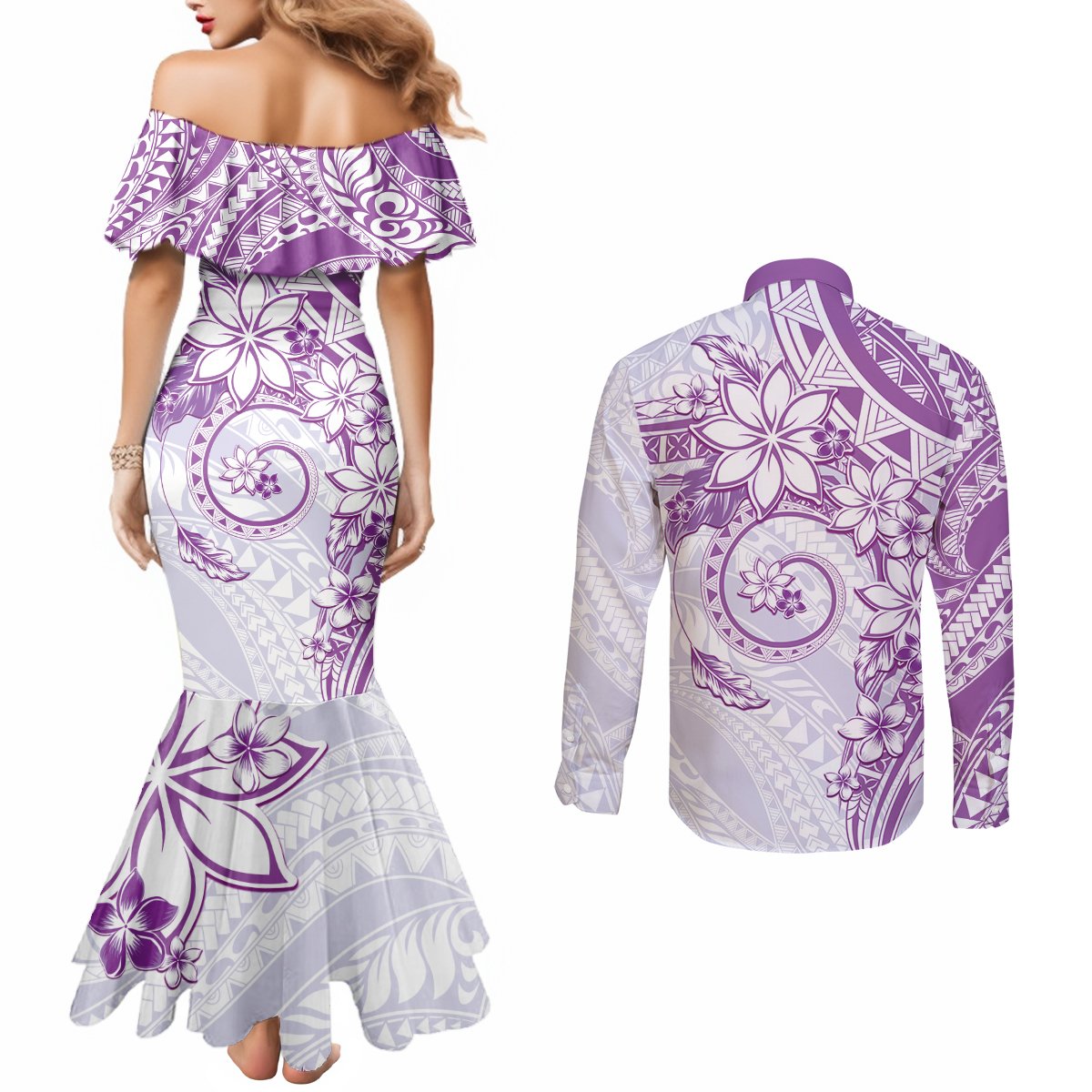 Polynesian Pattern With Plumeria Flowers Couples Matching Mermaid Dress and Long Sleeve Button Shirt Purple