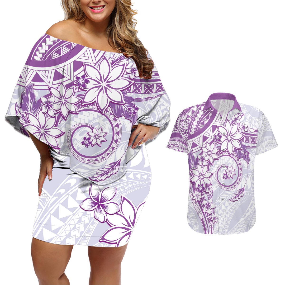 Polynesian Pattern With Plumeria Flowers Couples Matching Off Shoulder Short Dress and Hawaiian Shirt Purple