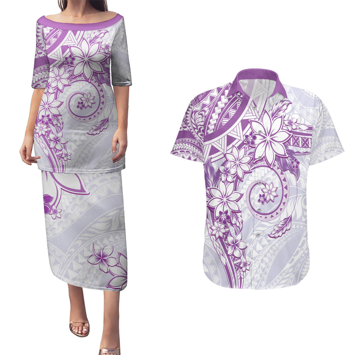 Polynesian Pattern With Plumeria Flowers Couples Matching Puletasi and Hawaiian Shirt Purple