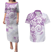 Polynesian Pattern With Plumeria Flowers Couples Matching Puletasi and Hawaiian Shirt Purple