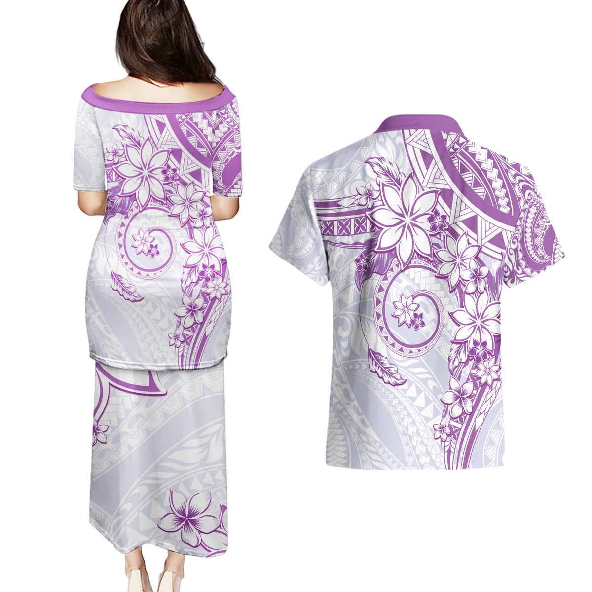 Polynesian Pattern With Plumeria Flowers Couples Matching Puletasi and Hawaiian Shirt Purple