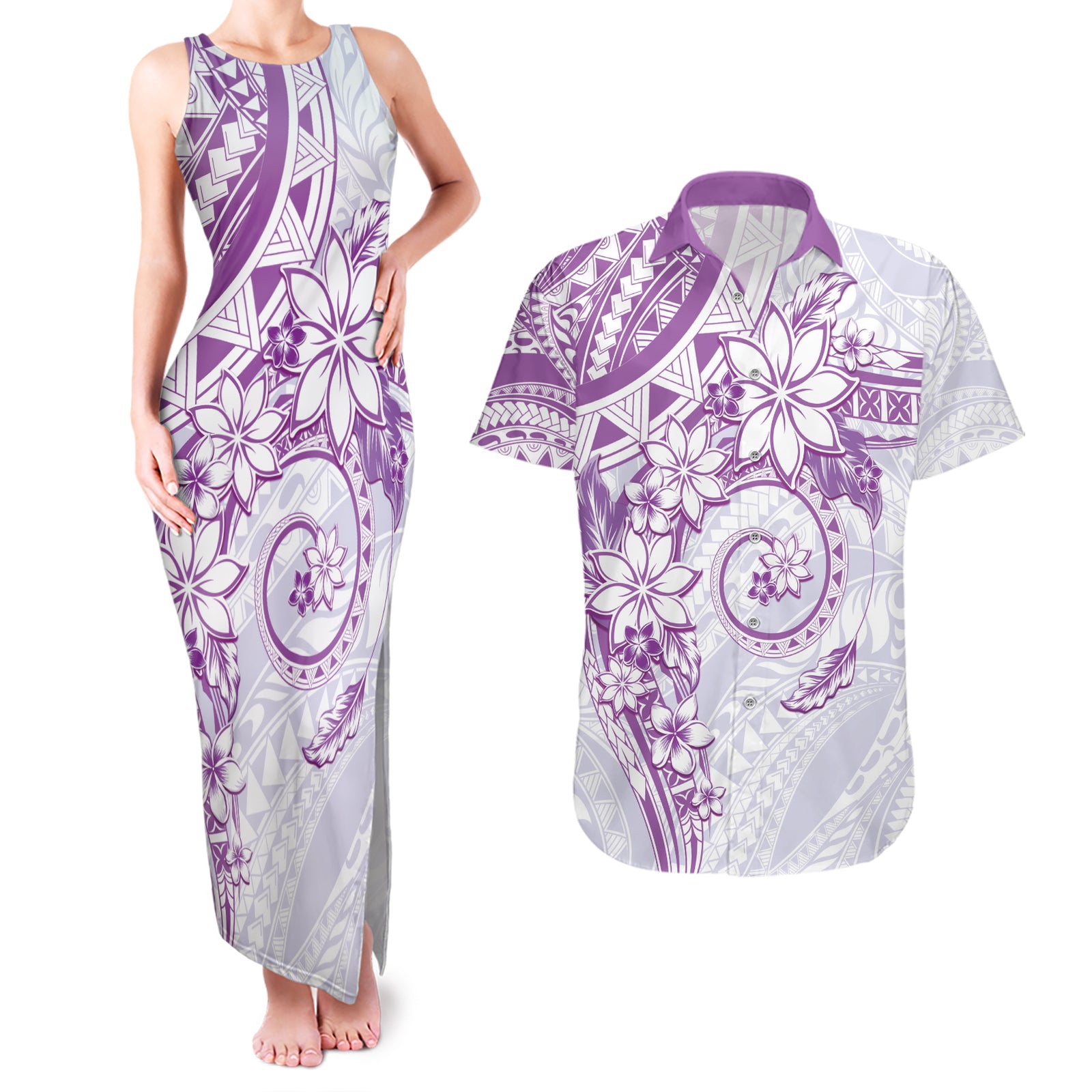 Polynesian Pattern With Plumeria Flowers Couples Matching Tank Maxi Dress and Hawaiian Shirt Purple
