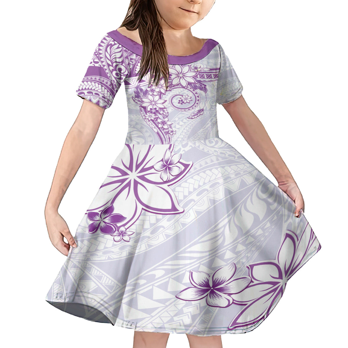 Polynesian Pattern With Plumeria Flowers Family Matching Off The Shoulder Long Sleeve Dress and Hawaiian Shirt Purple LT05 Daughter's Dress Purple - Polynesian Pride