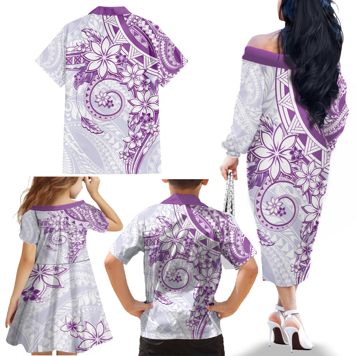 Polynesian Pattern With Plumeria Flowers Family Matching Off The Shoulder Long Sleeve Dress and Hawaiian Shirt Purple LT05 - Polynesian Pride