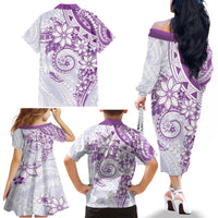 Polynesian Pattern With Plumeria Flowers Family Matching Off The Shoulder Long Sleeve Dress and Hawaiian Shirt Purple LT05 - Polynesian Pride