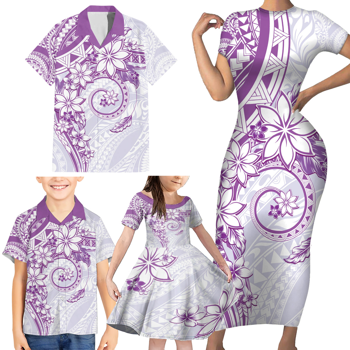 Polynesian Pattern With Plumeria Flowers Family Matching Short Sleeve Bodycon Dress and Hawaiian Shirt Purple LT05 - Polynesian Pride