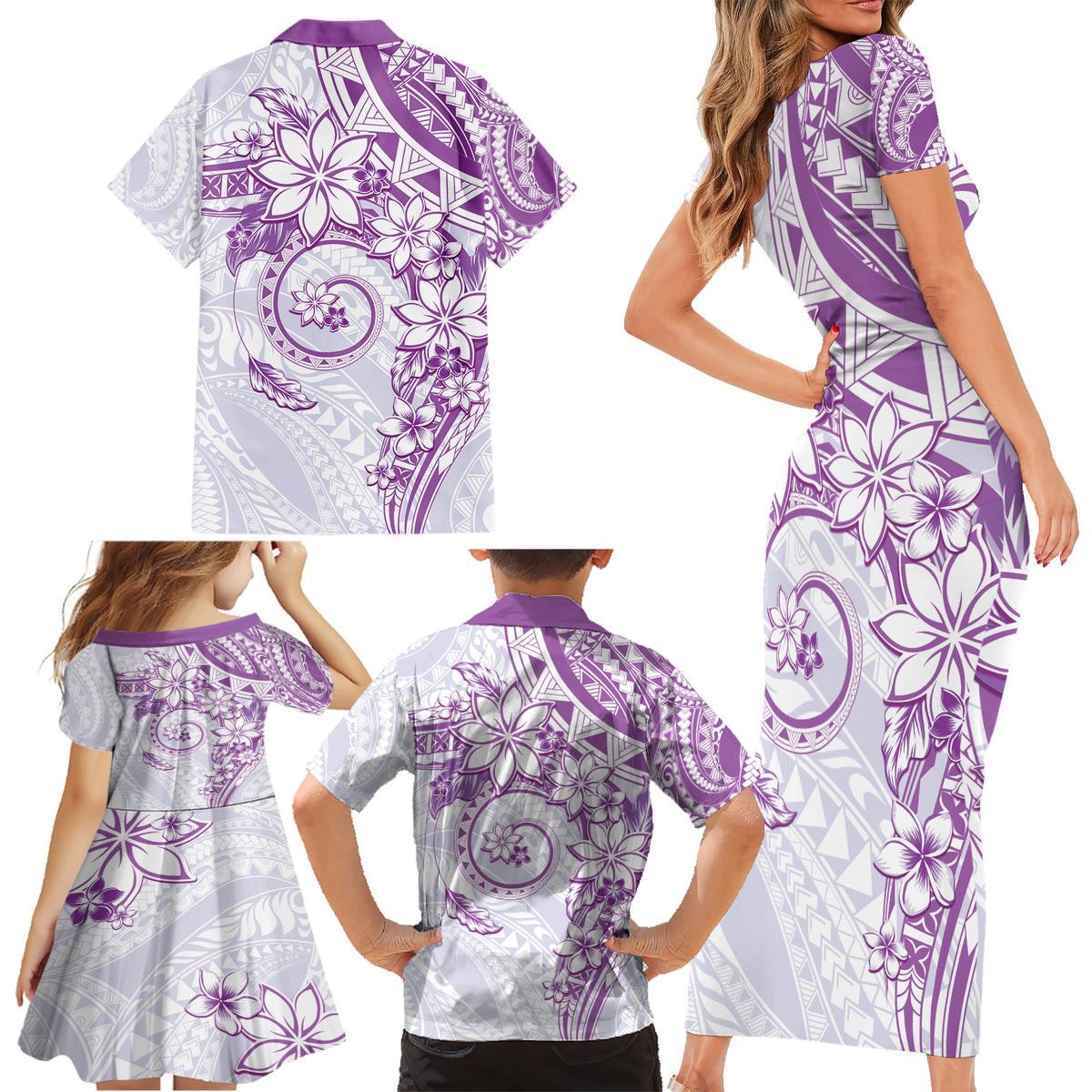 Polynesian Pattern With Plumeria Flowers Family Matching Short Sleeve Bodycon Dress and Hawaiian Shirt Purple LT05 - Polynesian Pride