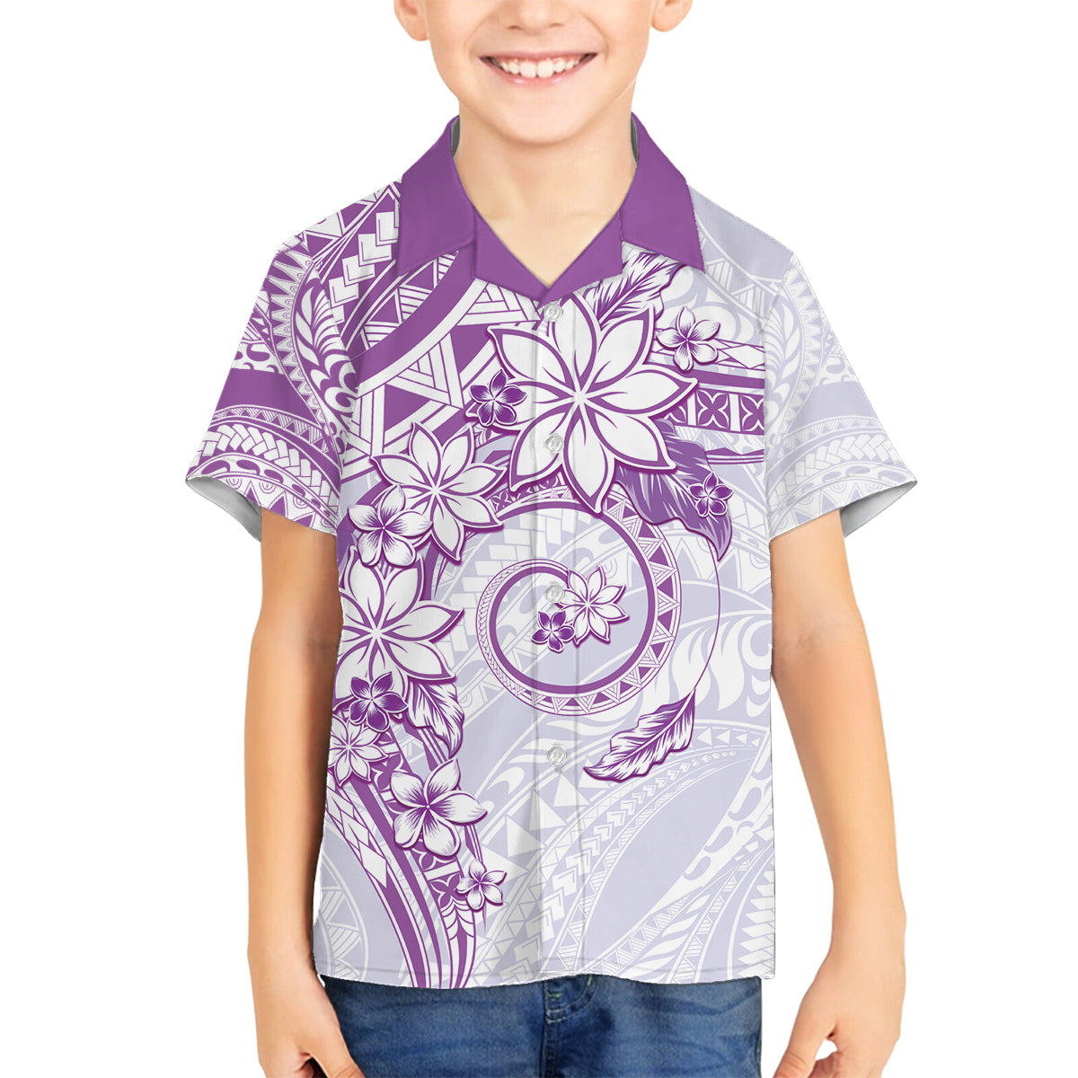 Polynesian Pattern With Plumeria Flowers Family Matching Tank Maxi Dress and Hawaiian Shirt Purple