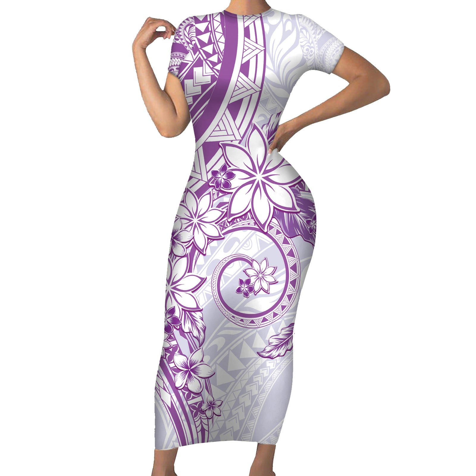 Polynesian Pattern With Plumeria Flowers Short Sleeve Bodycon Dress Purple LT05 Long Dress Purple - Polynesian Pride