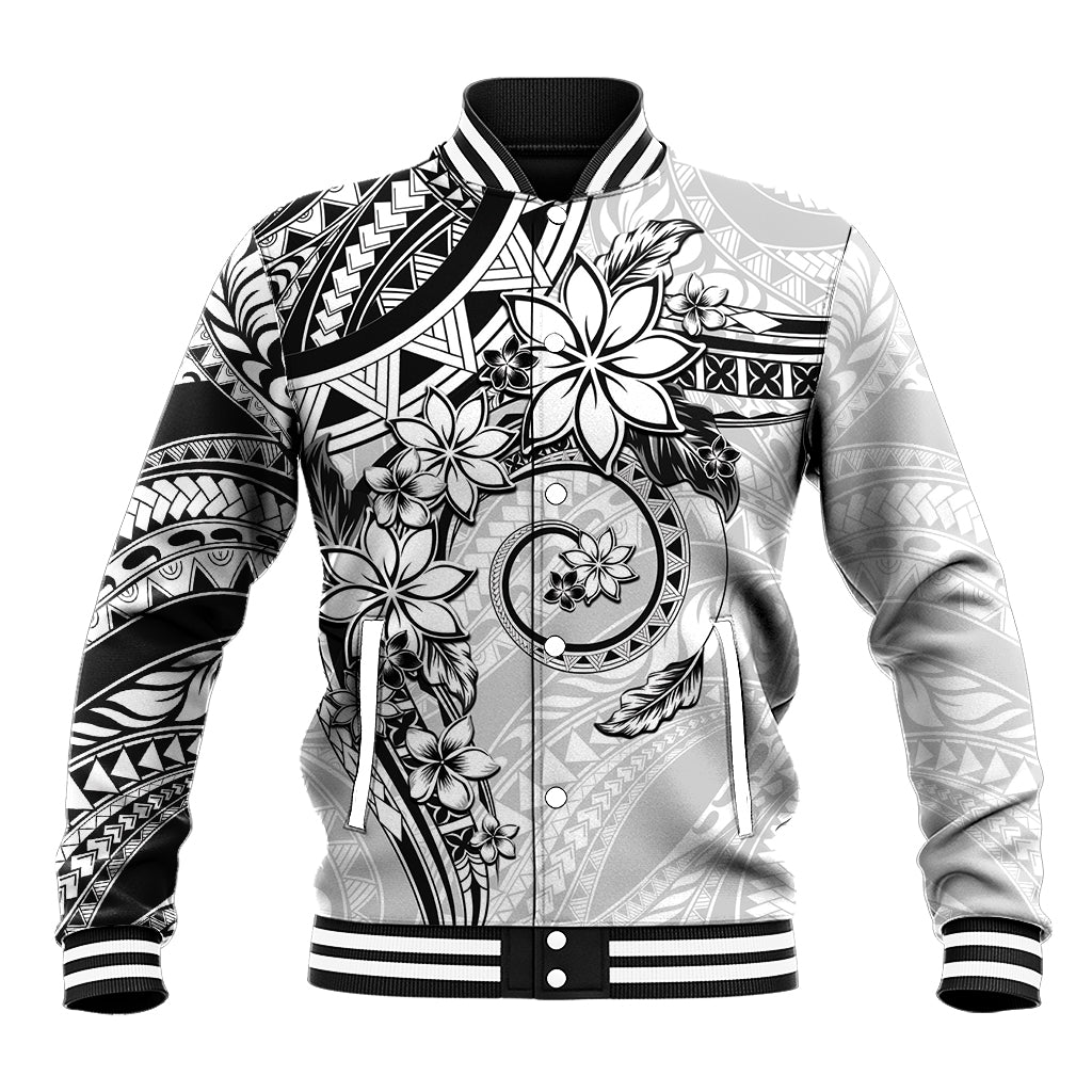 Polynesian Pattern With Plumeria Flowers Baseball Jacket White