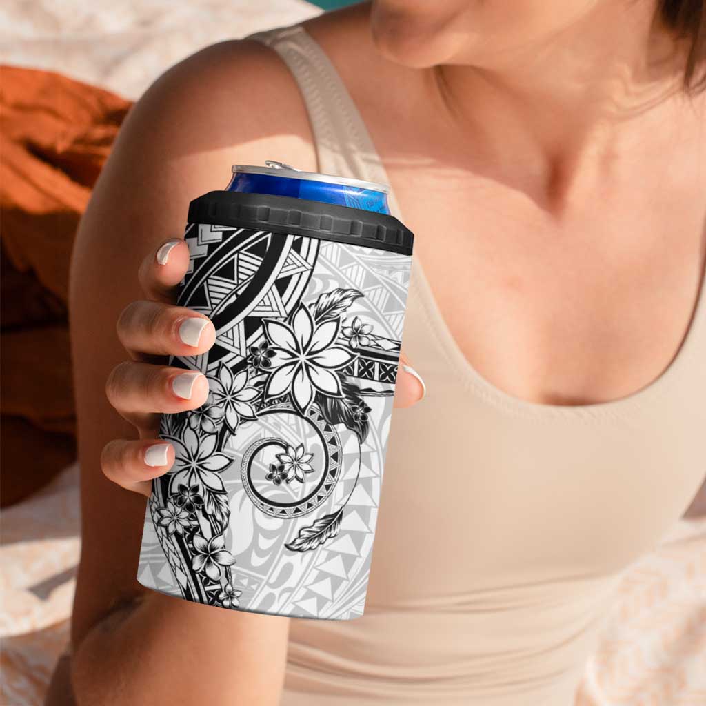 White Polynesian Pattern With Plumeria Flowers 4 in 1 Can Cooler Tumbler