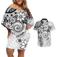Polynesian Pattern With Plumeria Flowers Couples Matching Off Shoulder Short Dress and Hawaiian Shirt White