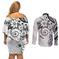 Polynesian Pattern With Plumeria Flowers Couples Matching Off Shoulder Short Dress and Long Sleeve Button Shirt White