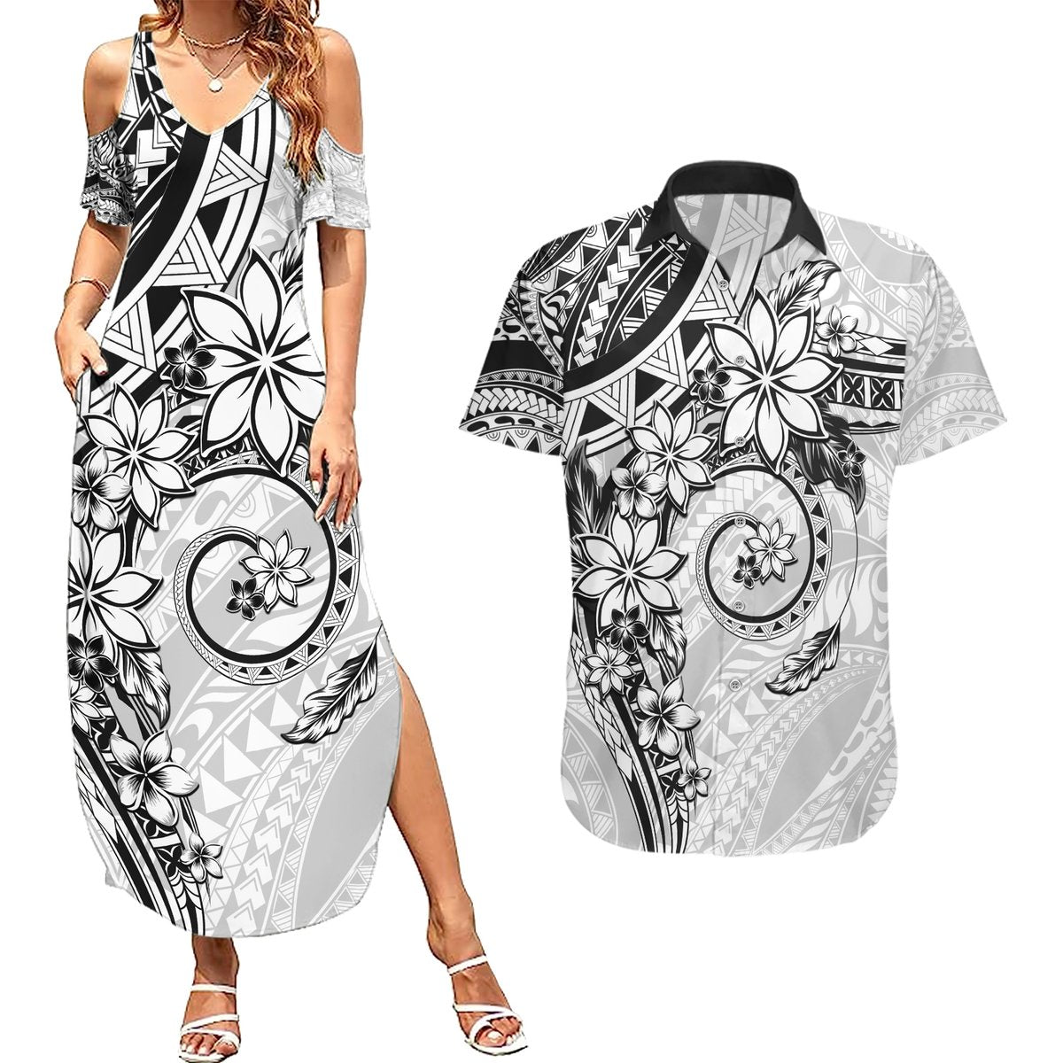 Polynesian Pattern With Plumeria Flowers Couples Matching Summer Maxi Dress and Hawaiian Shirt White