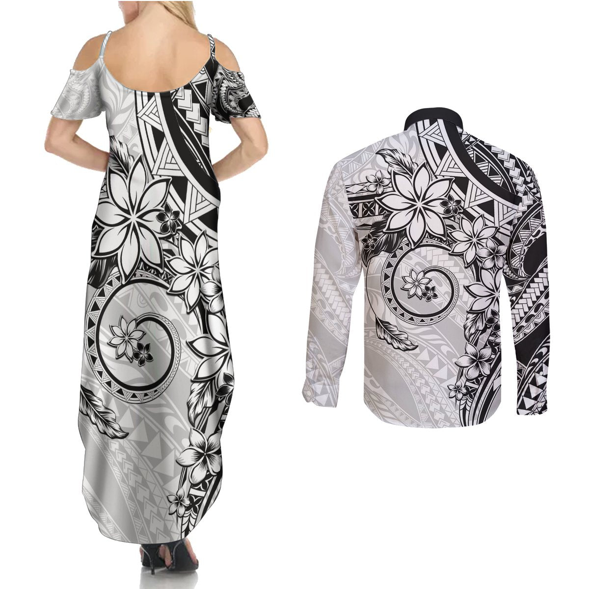 Polynesian Pattern With Plumeria Flowers Couples Matching Summer Maxi Dress and Long Sleeve Button Shirt White