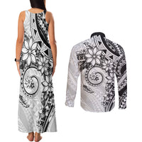 Polynesian Pattern With Plumeria Flowers Couples Matching Tank Maxi Dress and Long Sleeve Button Shirt White