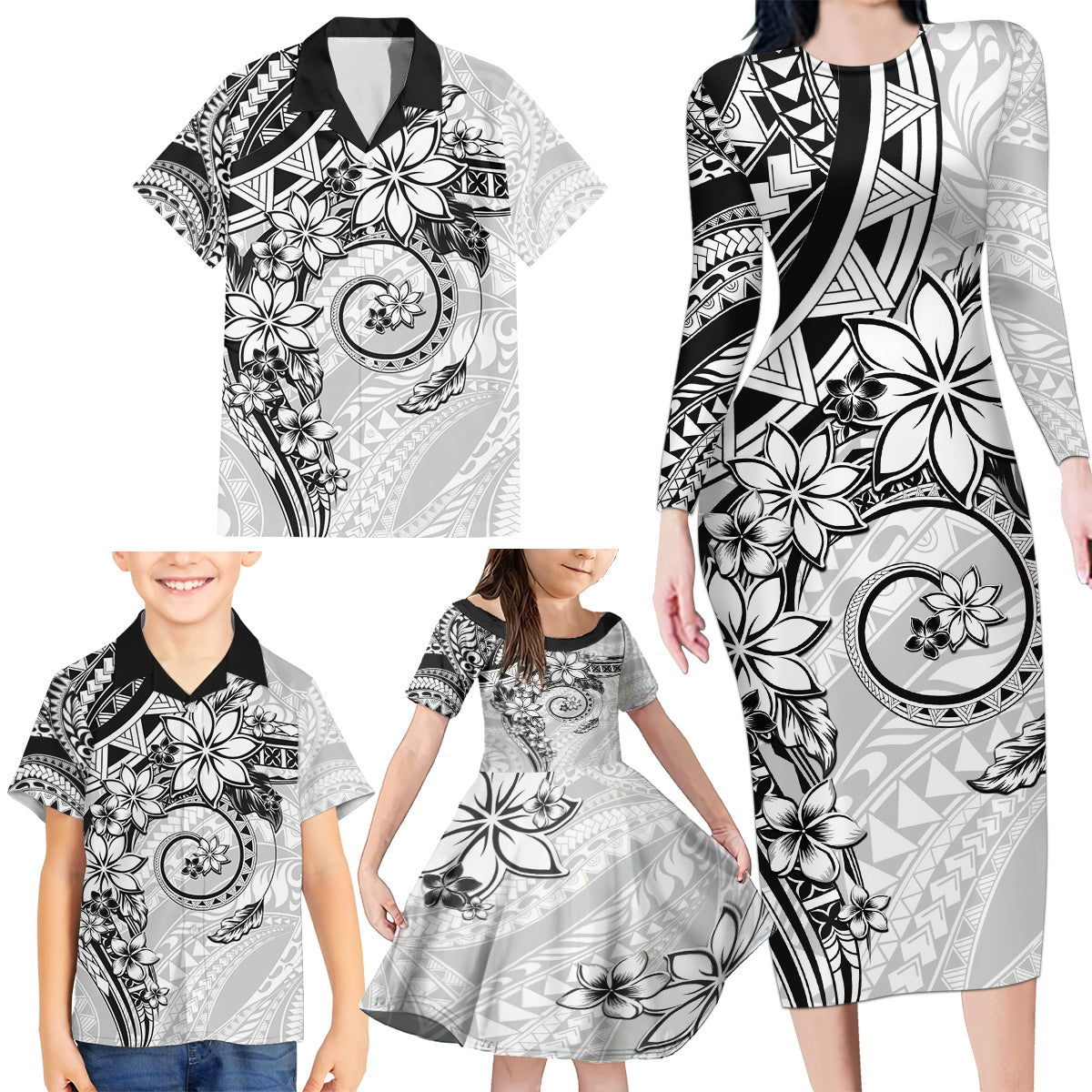 Polynesian Pattern With Plumeria Flowers Family Matching Long Sleeve Bodycon Dress and Hawaiian Shirt White LT05 - Polynesian Pride