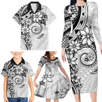 Polynesian Pattern With Plumeria Flowers Family Matching Long Sleeve Bodycon Dress and Hawaiian Shirt White LT05 - Polynesian Pride