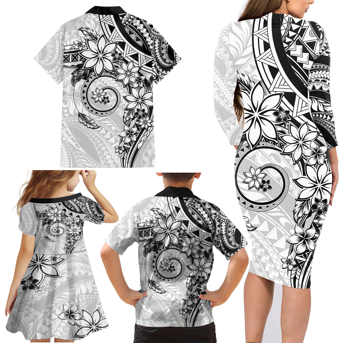 Polynesian Pattern With Plumeria Flowers Family Matching Long Sleeve Bodycon Dress and Hawaiian Shirt White LT05 - Polynesian Pride