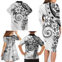 Polynesian Pattern With Plumeria Flowers Family Matching Long Sleeve Bodycon Dress and Hawaiian Shirt White LT05 - Polynesian Pride