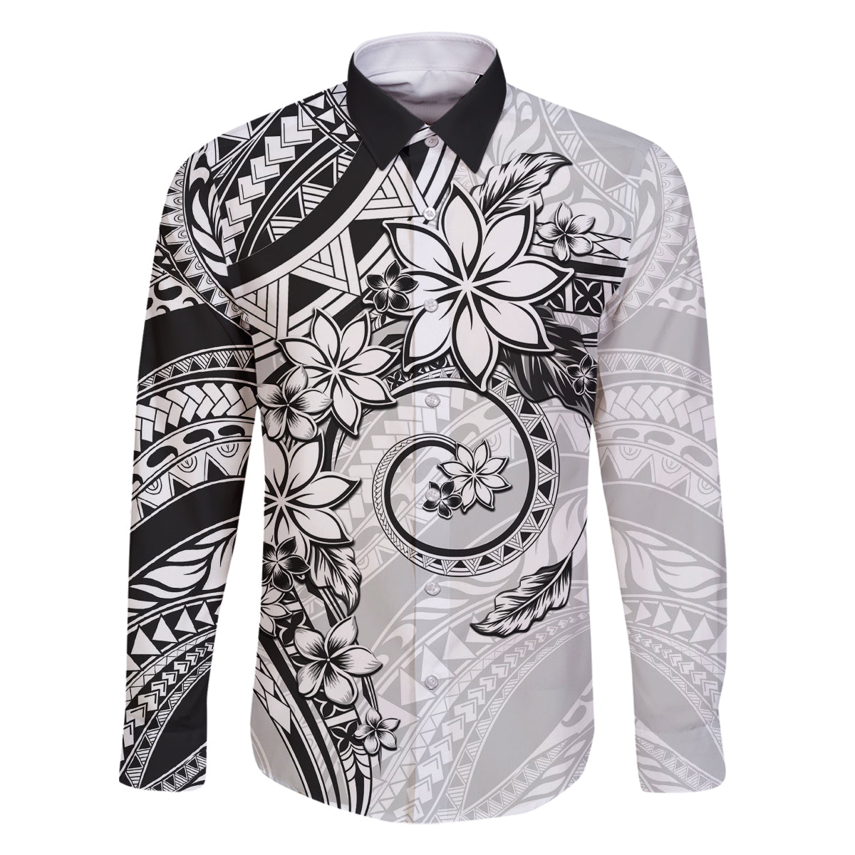 Polynesian Pattern With Plumeria Flowers Family Matching Long Sleeve Bodycon Dress and Hawaiian Shirt White LT05 Dad's Shirt - Long Sleeve White - Polynesian Pride