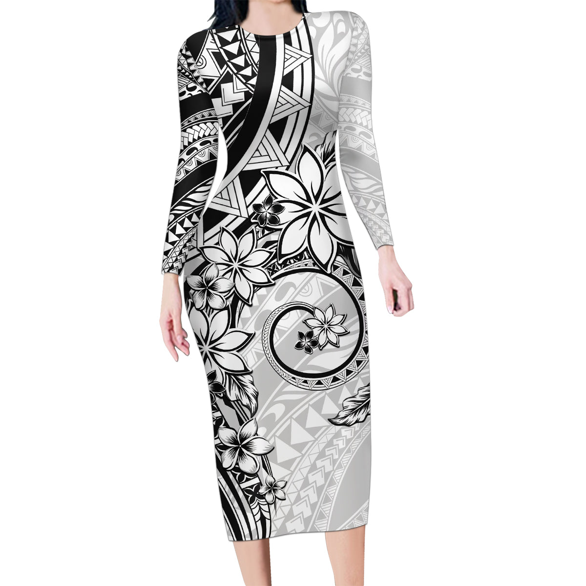 Polynesian Pattern With Plumeria Flowers Family Matching Long Sleeve Bodycon Dress and Hawaiian Shirt White LT05 Mom's Dress White - Polynesian Pride