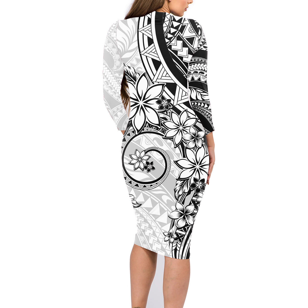 Polynesian Pattern With Plumeria Flowers Family Matching Long Sleeve Bodycon Dress and Hawaiian Shirt White LT05 - Polynesian Pride