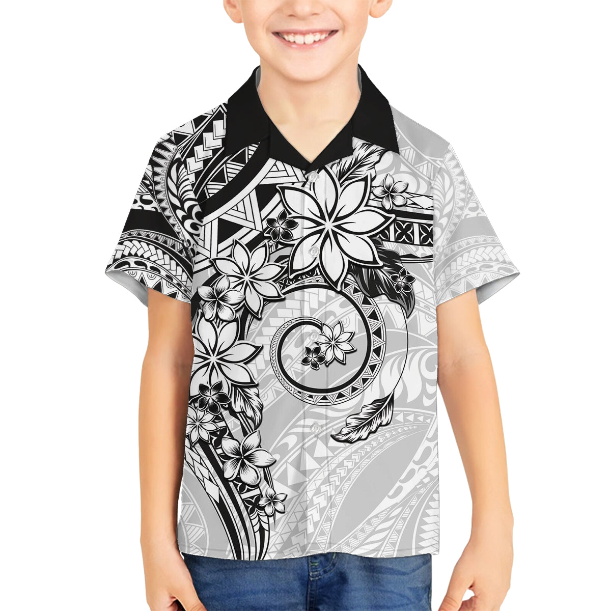 Polynesian Pattern With Plumeria Flowers Family Matching Long Sleeve Bodycon Dress and Hawaiian Shirt White LT05 Son's Shirt White - Polynesian Pride