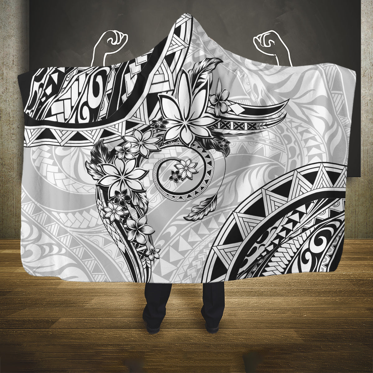 Polynesian Pattern With Plumeria Flowers Hooded Blanket White LT05 One Size White - Polynesian Pride