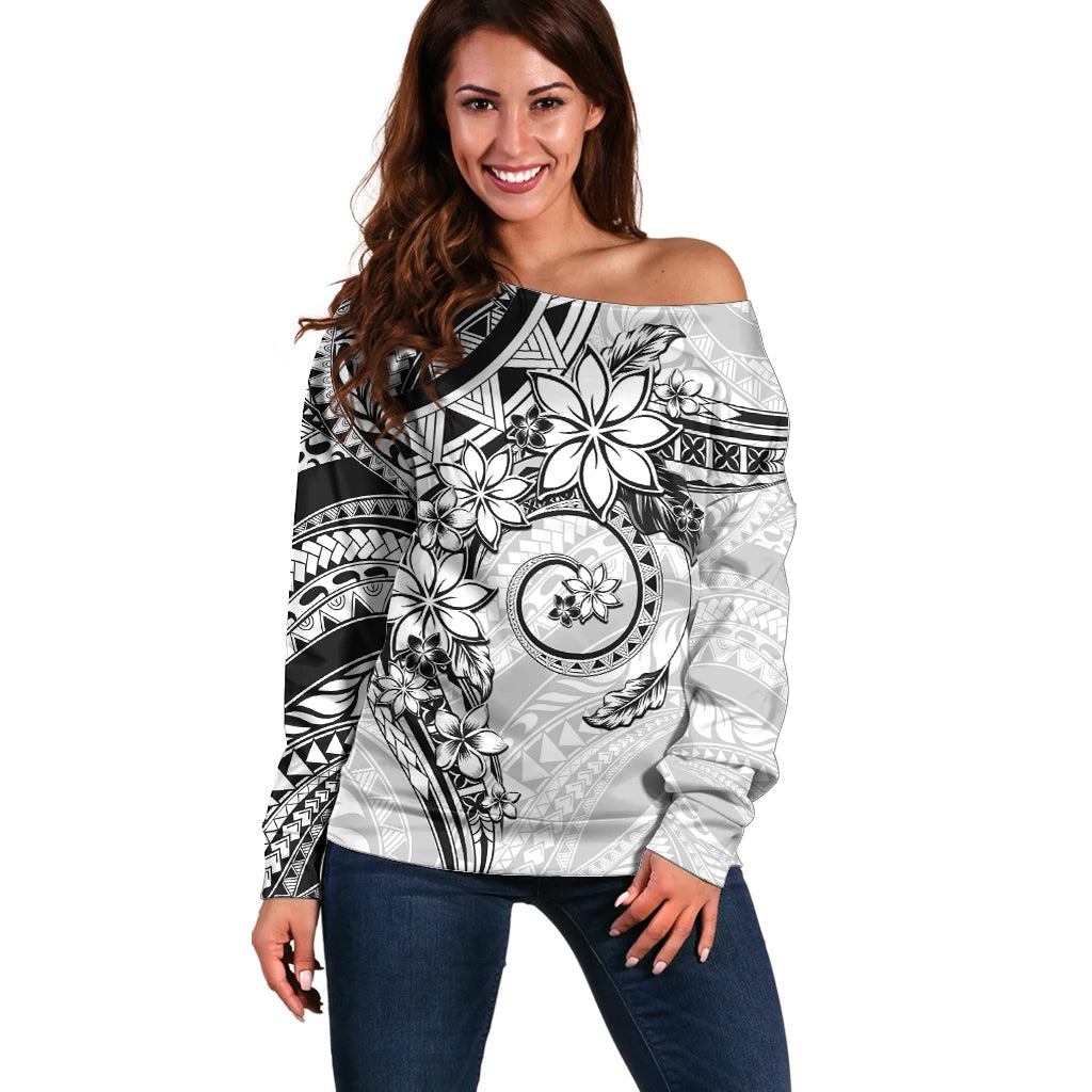 Polynesian Pattern With Plumeria Flowers Off Shoulder Sweater White LT05 Women White - Polynesian Pride