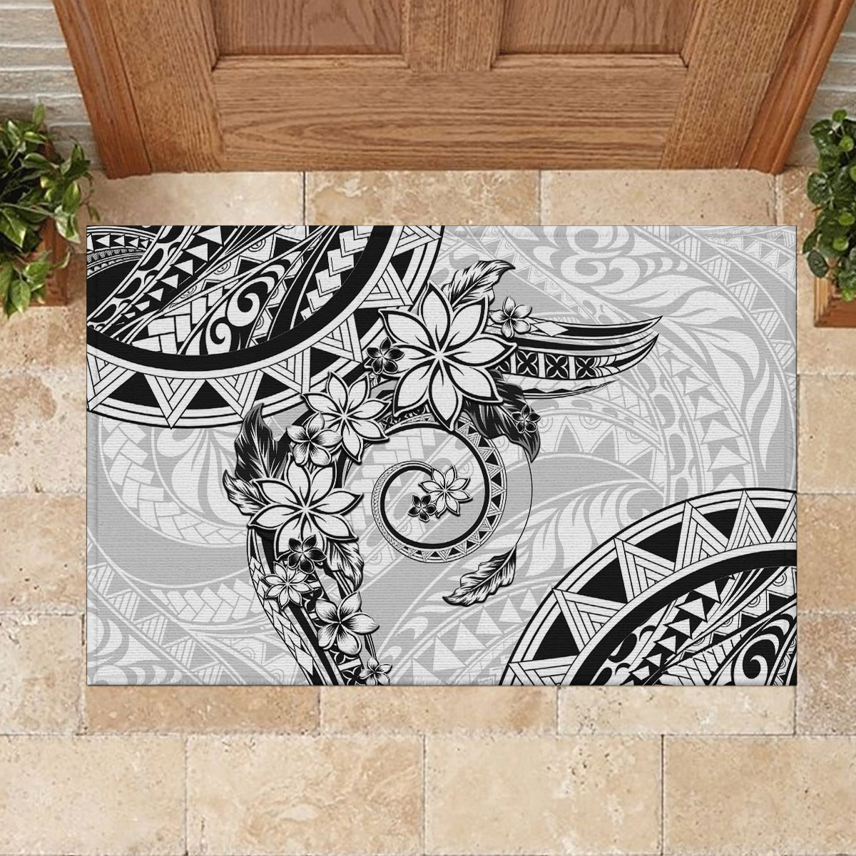 Polynesian Pattern With Plumeria Flowers Rubber Doormat White