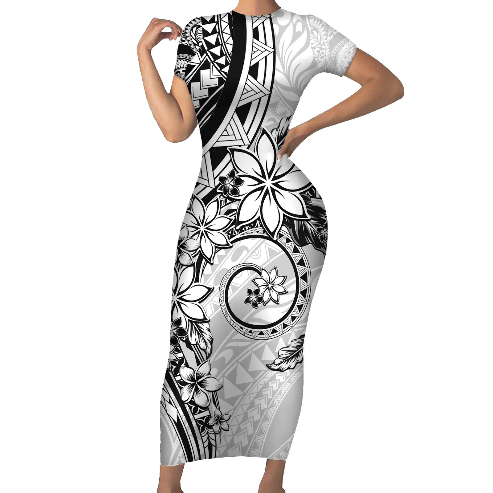 Polynesian Pattern With Plumeria Flowers Short Sleeve Bodycon Dress White LT05 Long Dress White - Polynesian Pride