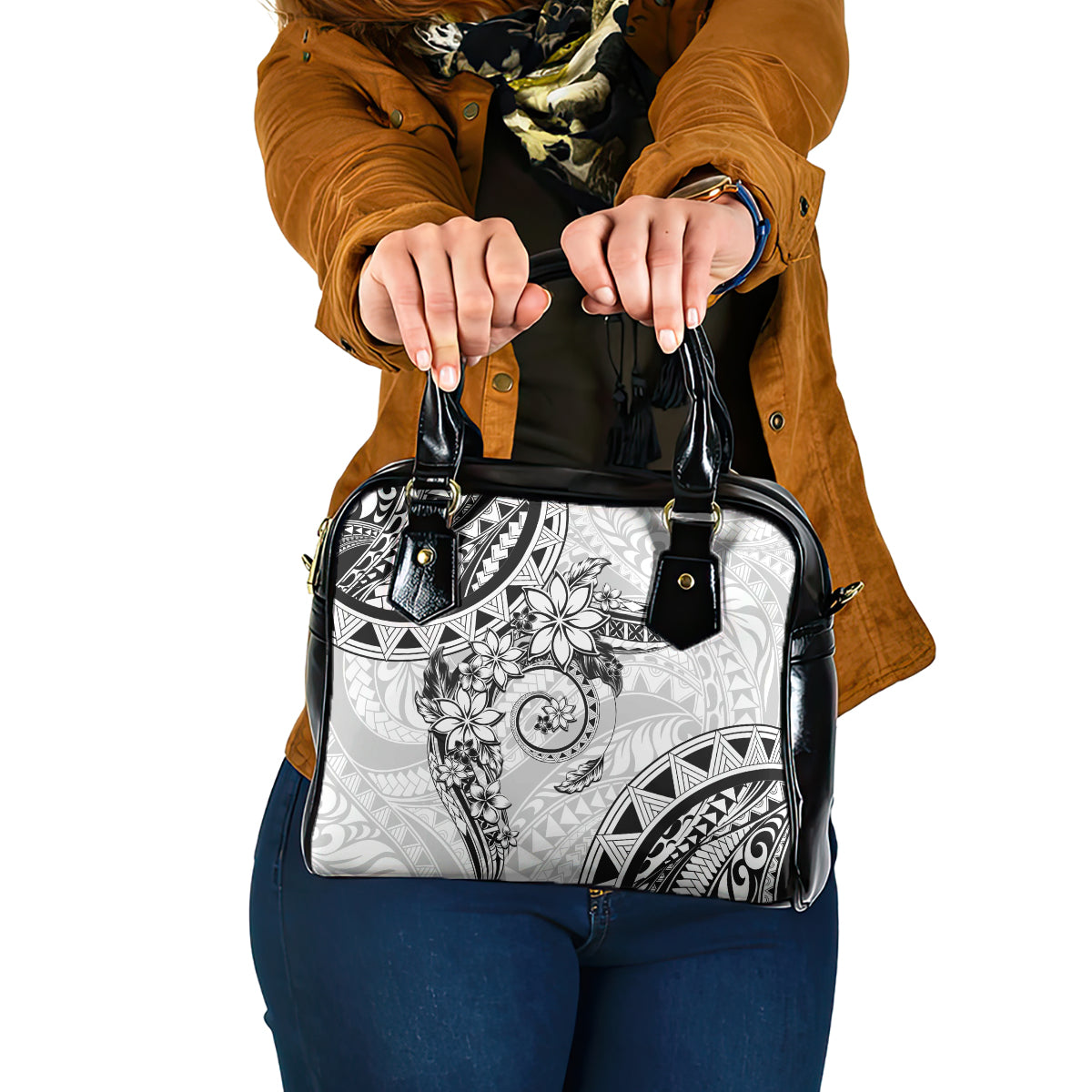 Polynesian Pattern With Plumeria Flowers Shoulder Handbag White LT05 One Size White - Polynesian Pride