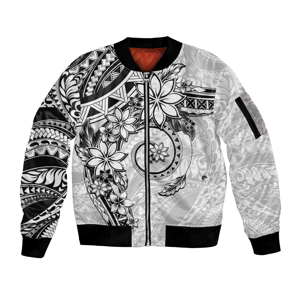Polynesian Pattern With Plumeria Flowers Sleeve Zip Bomber Jacket White LT05 Unisex White - Polynesian Pride