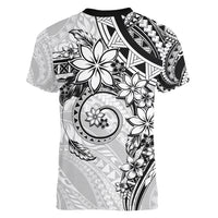 Polynesian Pattern With Plumeria Flowers Women V-Neck T-Shirt White