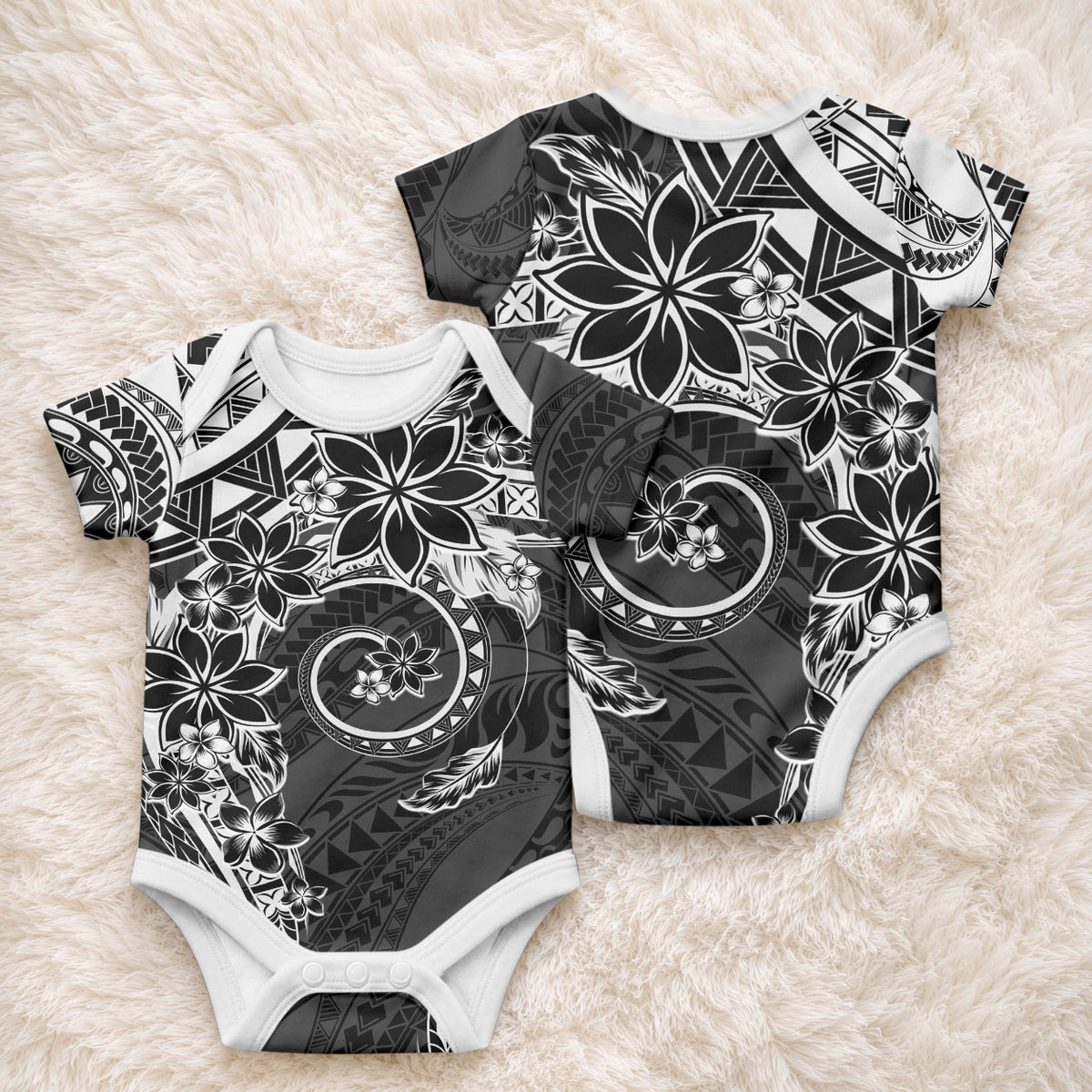 Polynesian Pattern With Plumeria Flowers Baby Onesie Black LT05 - Polynesian Pride