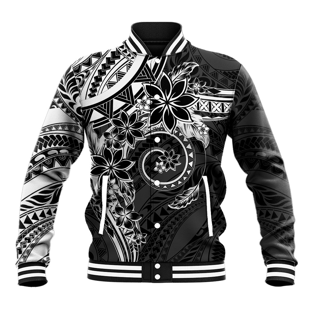 Polynesian Pattern With Plumeria Flowers Baseball Jacket Black LT05 Unisex Black - Polynesian Pride