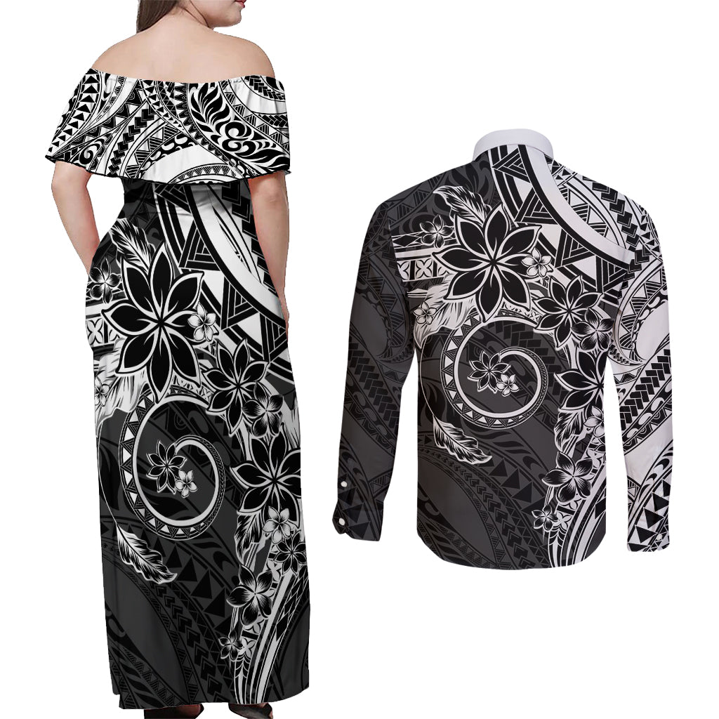 Polynesian Pattern With Plumeria Flowers Couples Matching Off Shoulder Maxi Dress and Long Sleeve Button Shirt Black