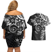 Polynesian Pattern With Plumeria Flowers Couples Matching Off Shoulder Short Dress and Hawaiian Shirt Black