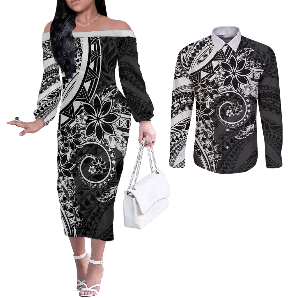 Polynesian Pattern With Plumeria Flowers Couples Matching Off The Shoulder Long Sleeve Dress and Long Sleeve Button Shirt Black