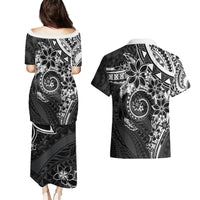 Polynesian Pattern With Plumeria Flowers Couples Matching Puletasi and Hawaiian Shirt Black