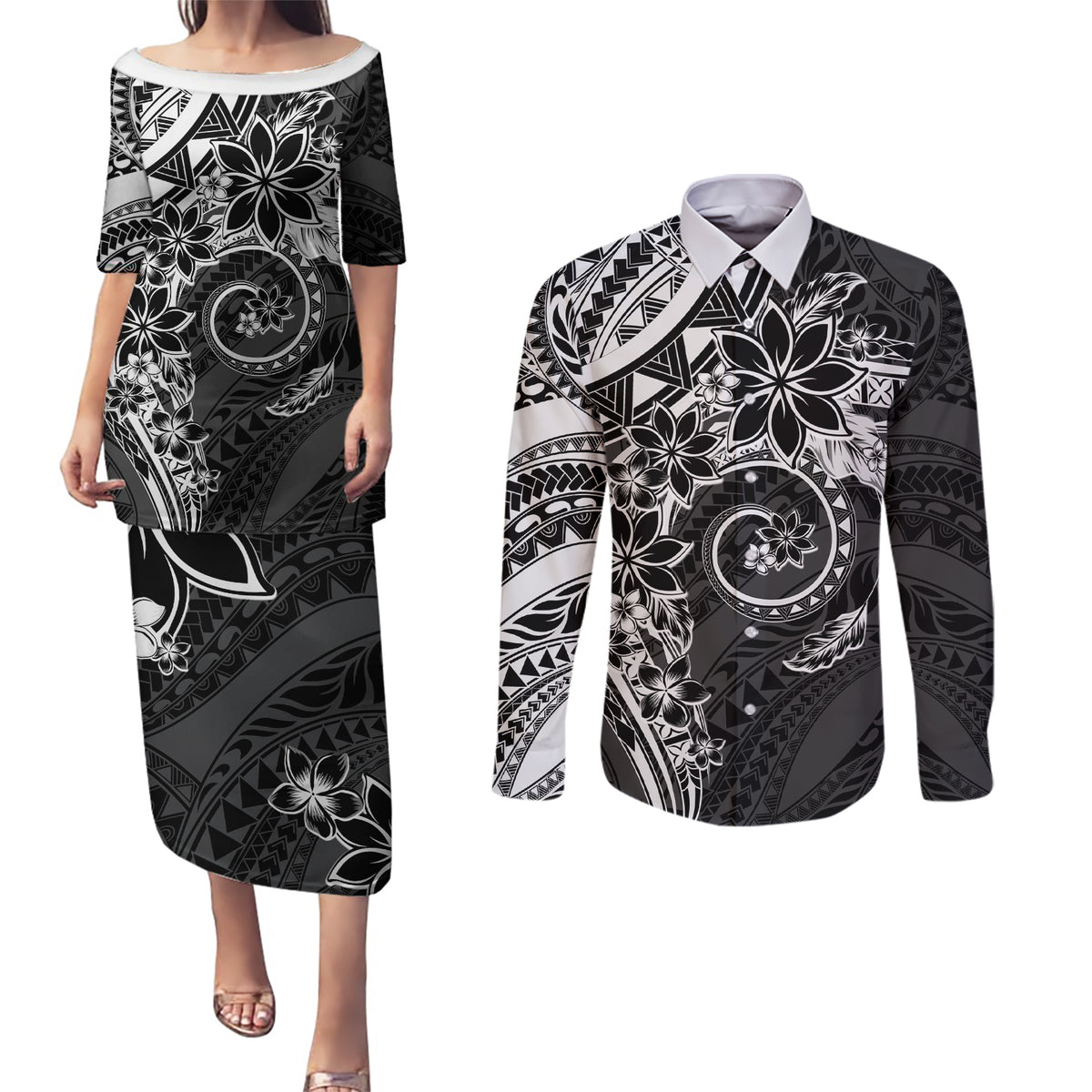 Polynesian Pattern With Plumeria Flowers Couples Matching Puletasi and Long Sleeve Button Shirt Black