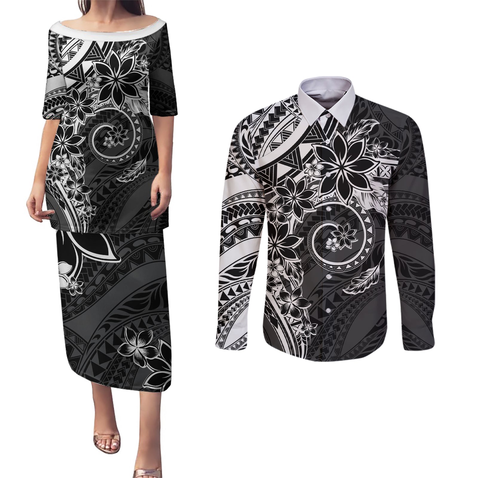 Polynesian Pattern With Plumeria Flowers Couples Matching Puletasi and Long Sleeve Button Shirt Black