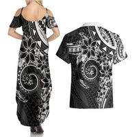 Polynesian Pattern With Plumeria Flowers Couples Matching Summer Maxi Dress and Hawaiian Shirt Black